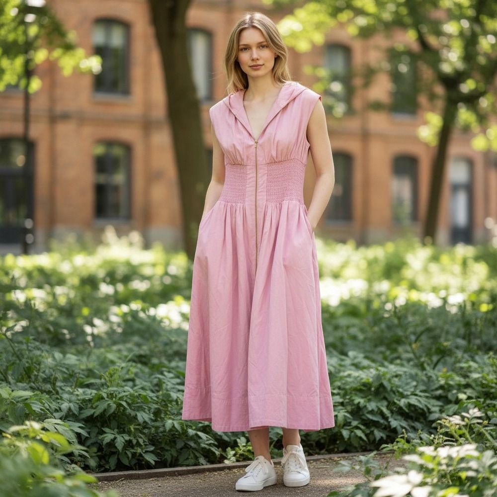 Anthropologie Dress Womens L Pink Smocked Waist Zip Front Sleeveless Cotton